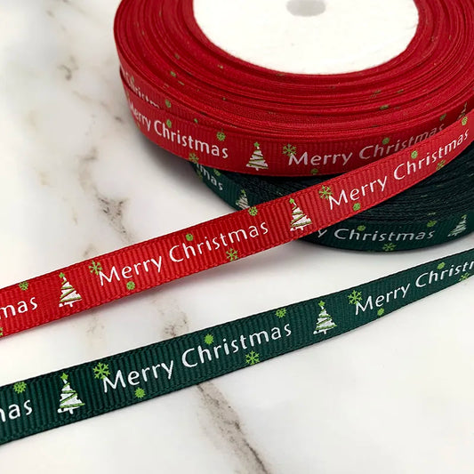 (25 yards/lot) 10mm/25mm Red printed grosgrain ribbon Merry Christmas satin ribbons wholesale